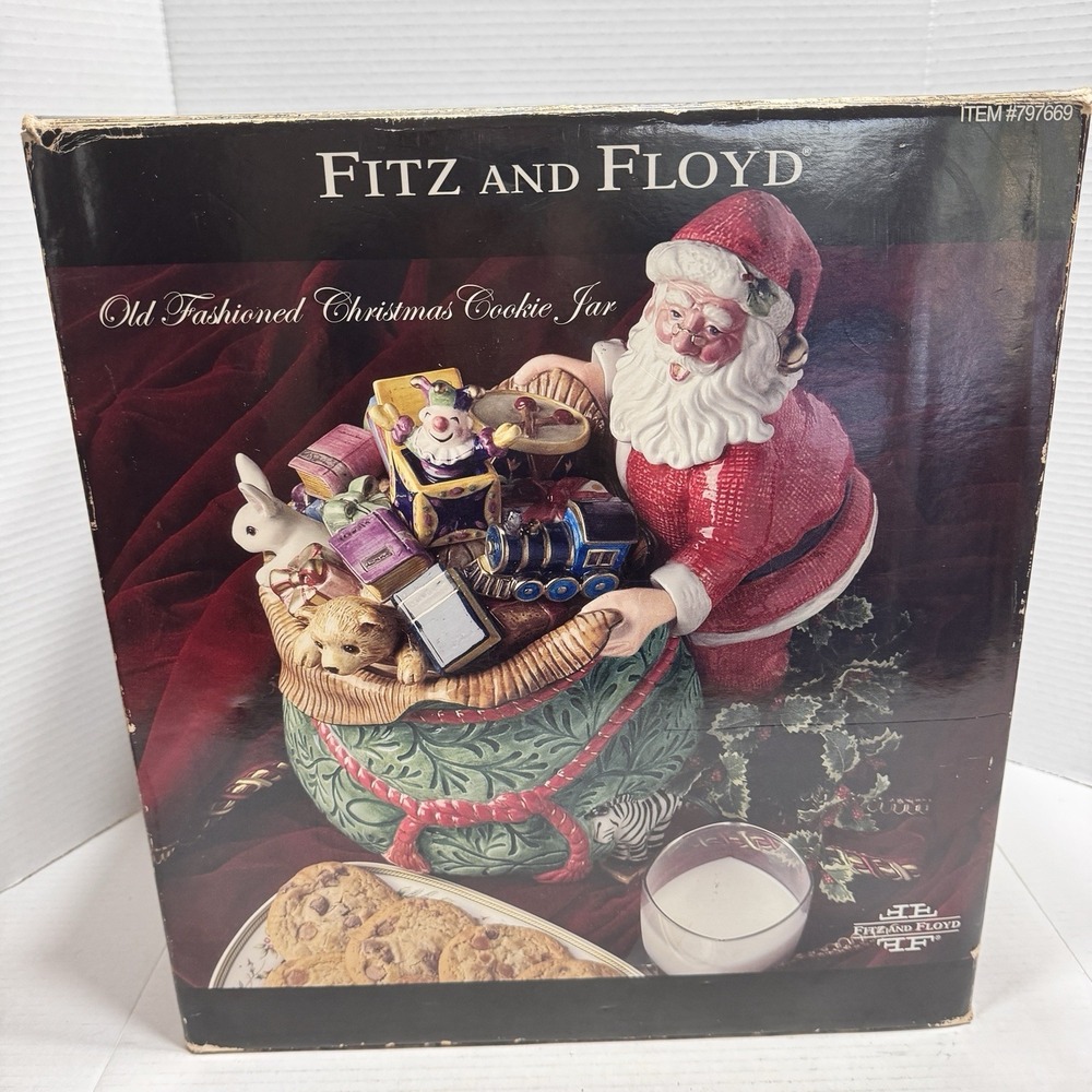 Fitz And Floyd Old Fashioned Christmas Santa Bag Toys Cookie Jar Large Train Box
